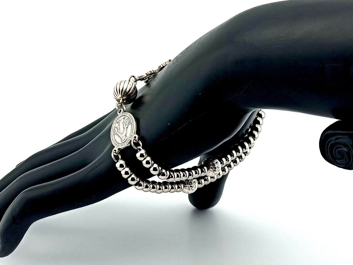 Miraculous Medal unique rosary beads 925 sterling silver and stainless steel 5 decade rosary bracelet with filigree linking cross.