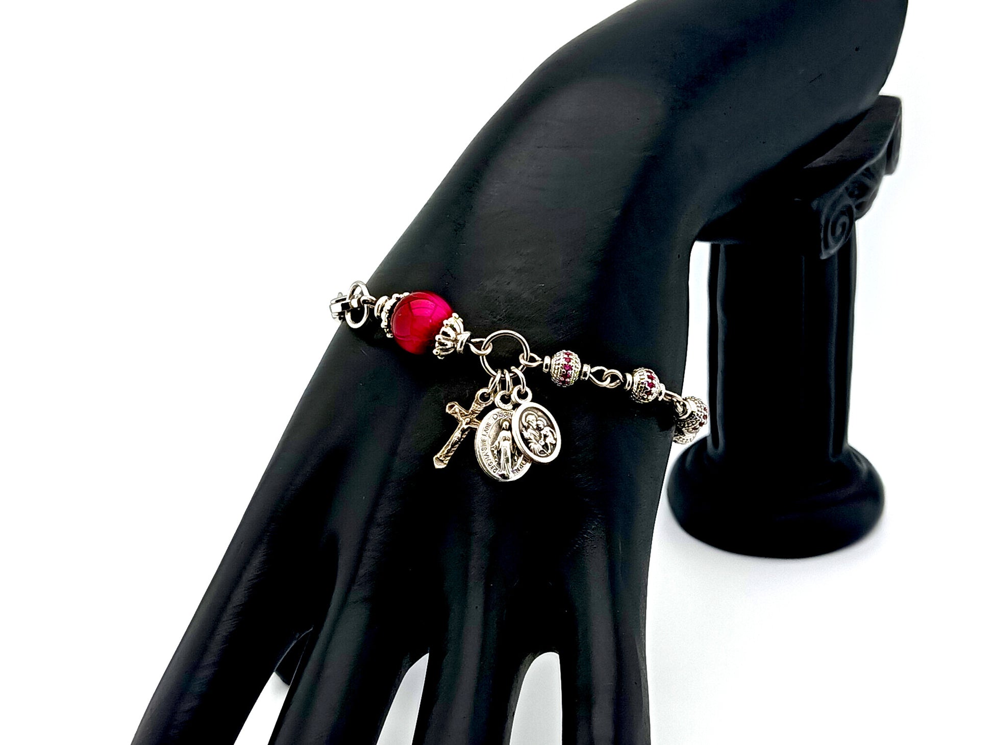 Miraculous Medal and Saint Joseph unique rosary beads cubic zirconia and tigers eye gemstone single decade rosary bracelet with small crucifix.