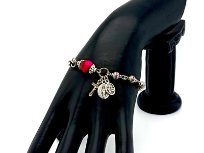 Miraculous Medal and Saint Joseph unique rosary beads cubic zirconia and tigers eye gemstone single decade rosary bracelet with small crucifix.