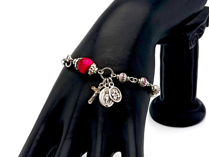 Miraculous Medal and Saint Joseph unique rosary beads cubic zirconia and tigers eye gemstone single decade rosary bracelet with small crucifix.