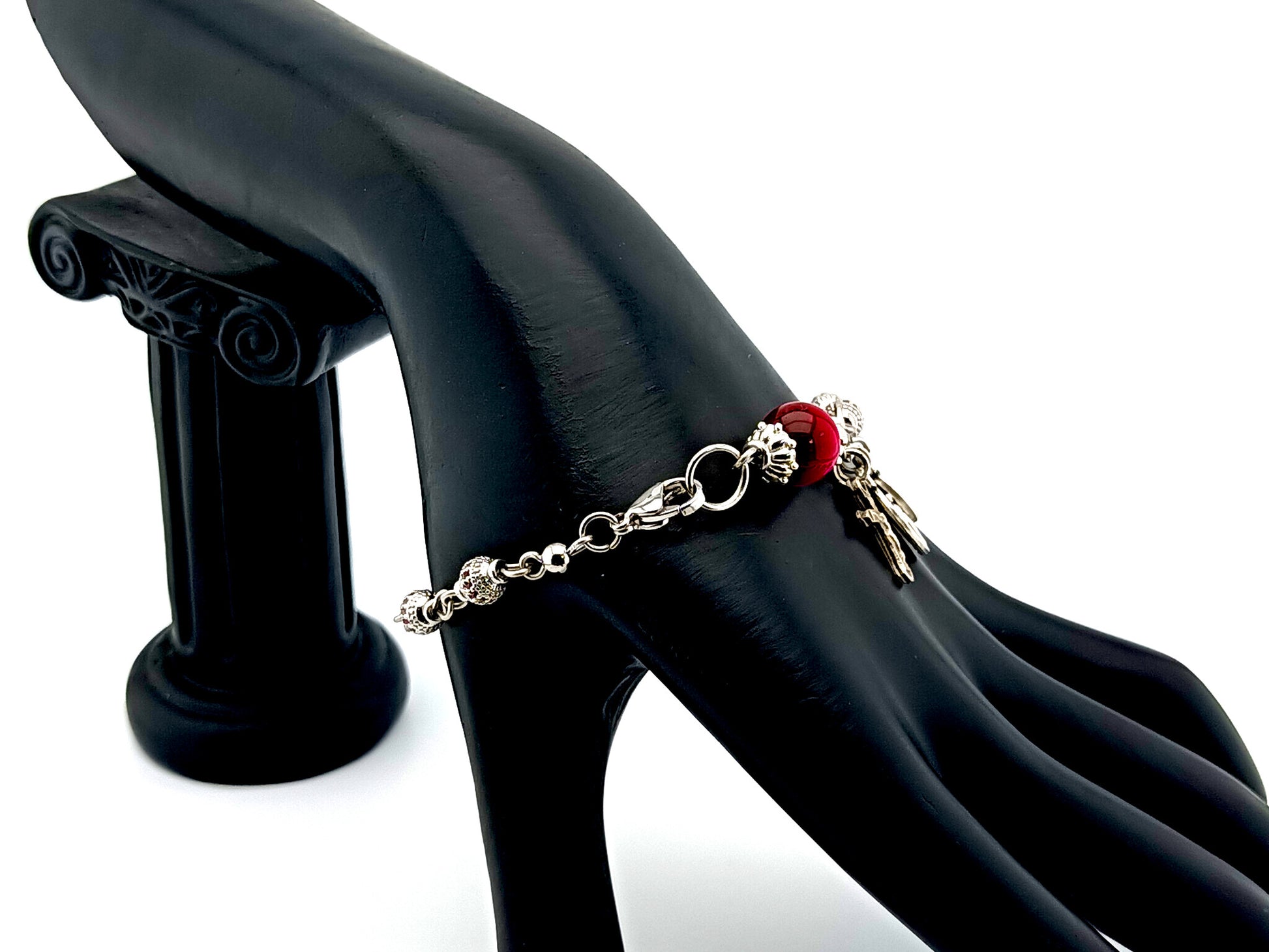 Miraculous Medal and Saint Joseph unique rosary beads cubic zirconia and tigers eye gemstone single decade rosary bracelet with small crucifix.