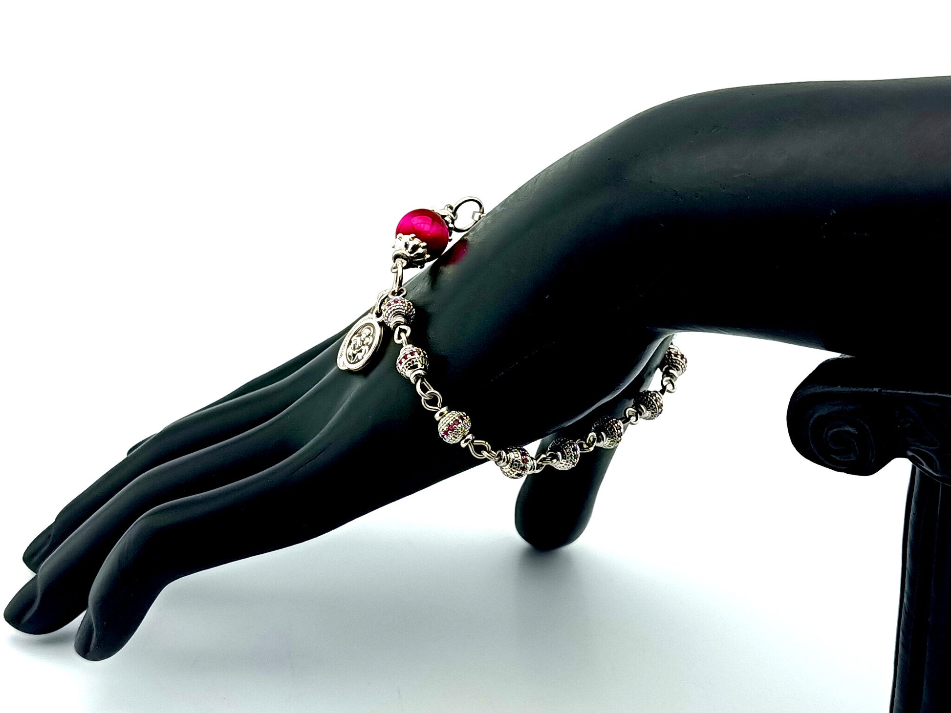 Miraculous Medal and Saint Joseph unique rosary beads cubic zirconia and tigers eye gemstone single decade rosary bracelet with small crucifix.