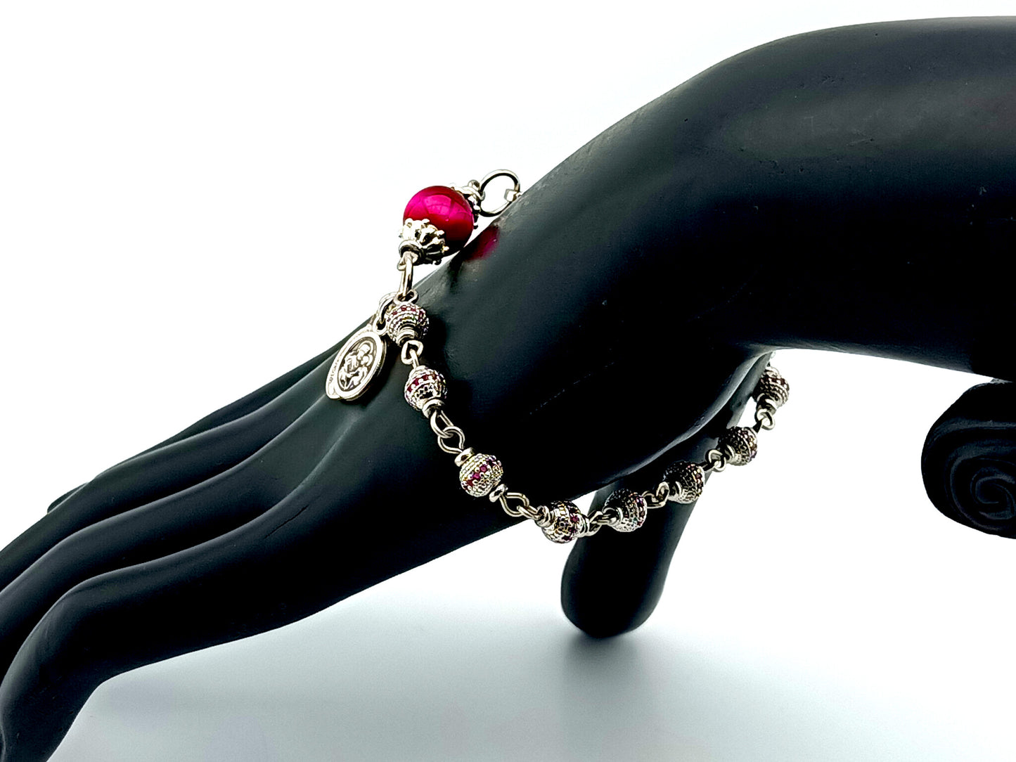 Miraculous Medal and Saint Joseph unique rosary beads cubic zirconia and tigers eye gemstone single decade rosary bracelet with small crucifix.