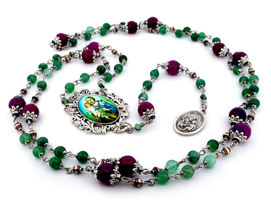 Saint Joseph unique rosary beads  purple and green agate gemstone prayer chaplet with Holy Family picture medal.