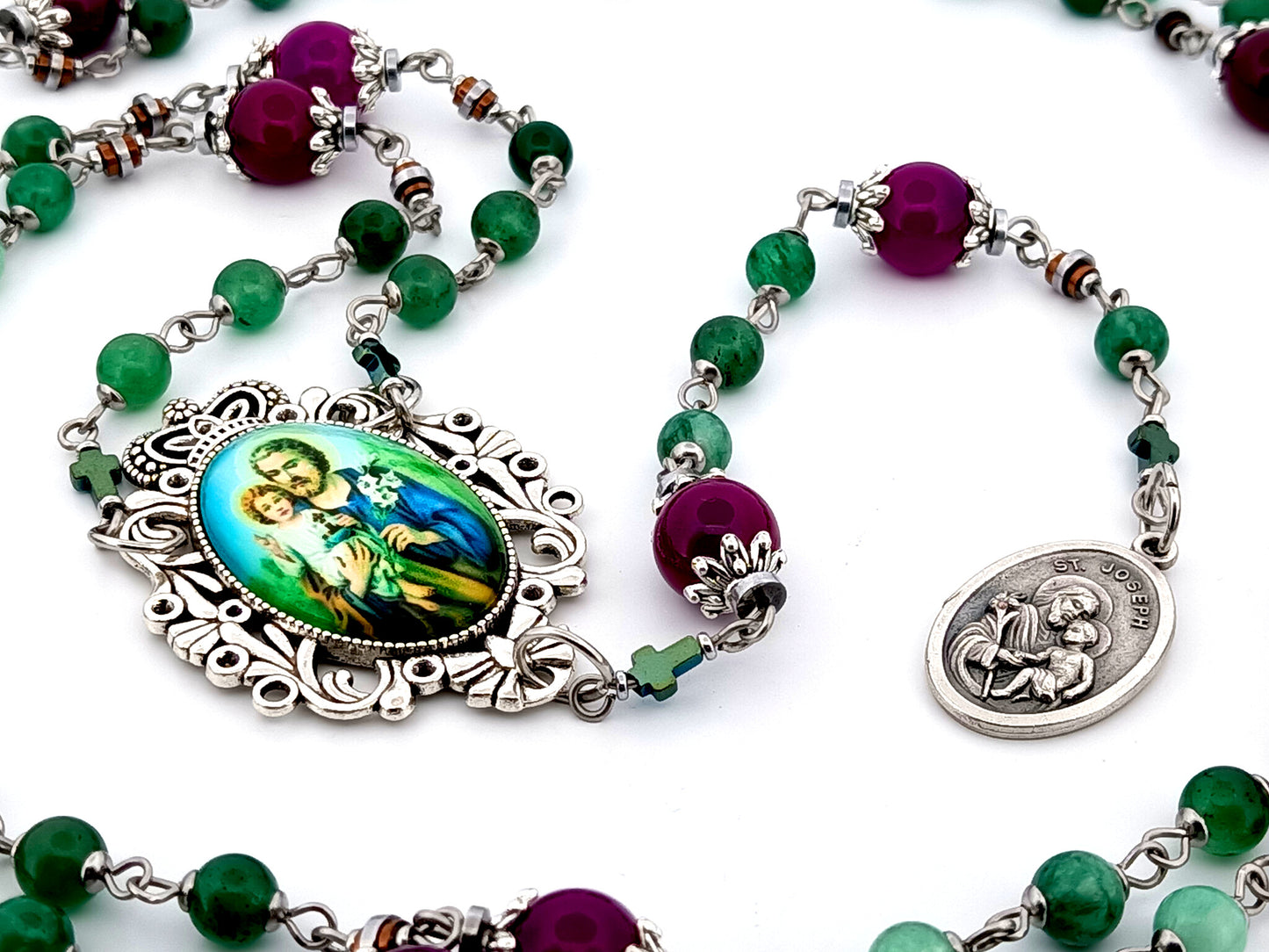 Saint Joseph unique rosary beads  purple and green agate gemstone prayer chaplet with Holy Family picture medal.