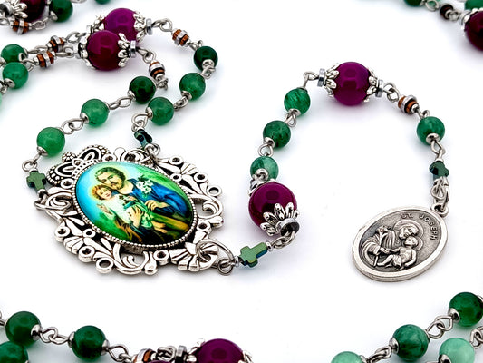 Saint Joseph unique rosary beads  purple and green agate gemstone prayer chaplet with Holy Family picture medal.