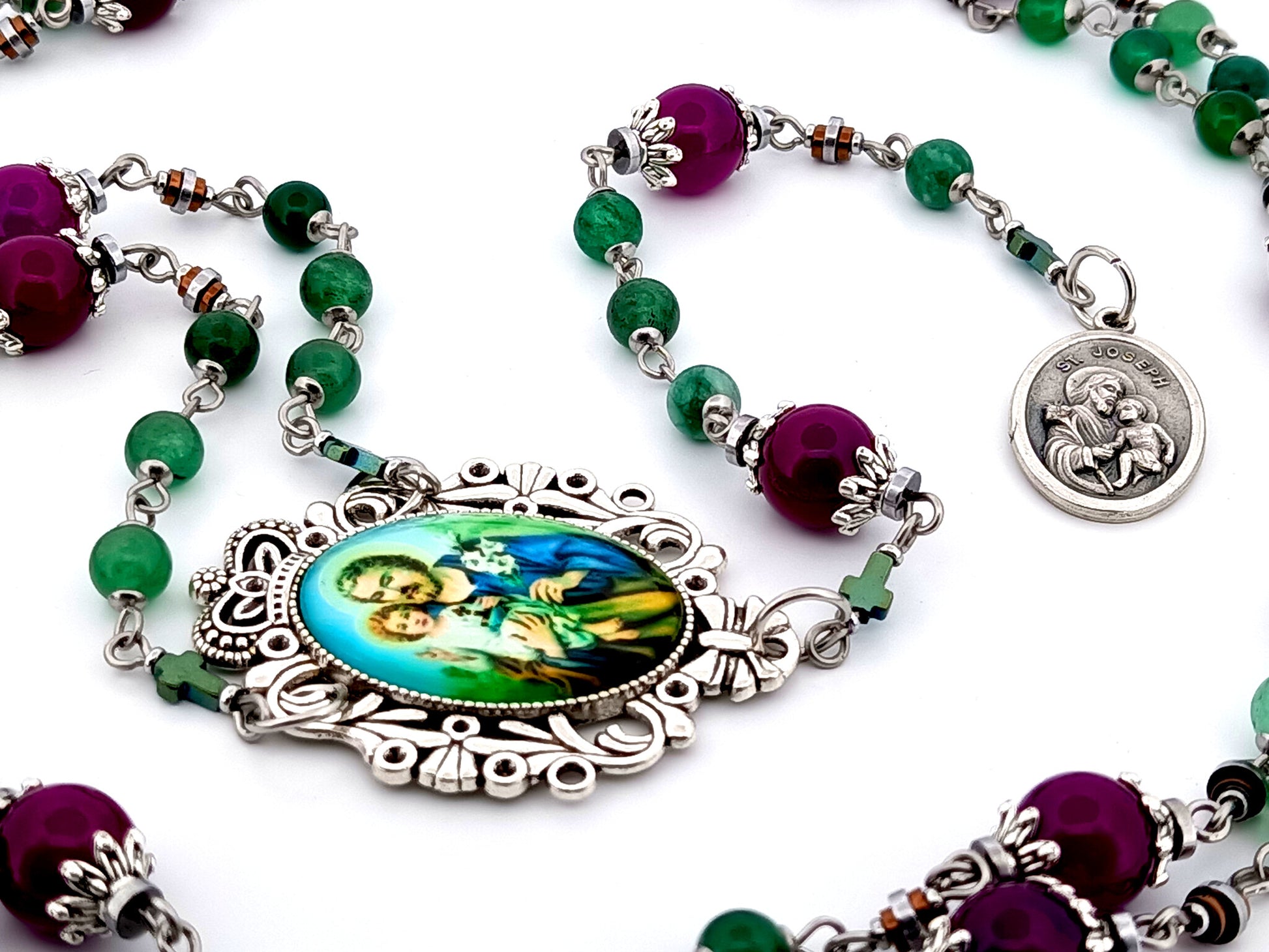 Saint Joseph unique rosary beads  purple and green agate gemstone prayer chaplet with Holy Family picture medal.