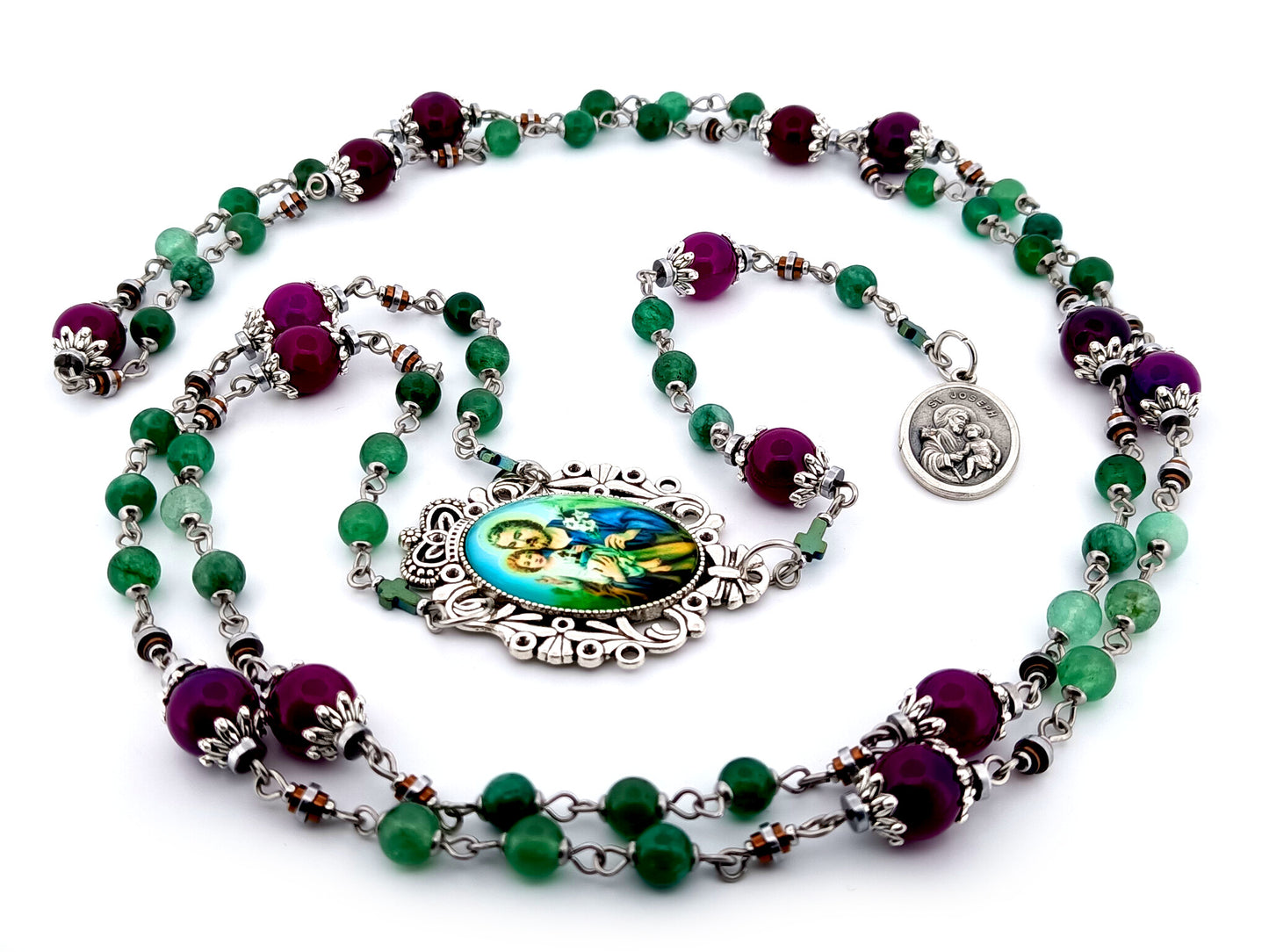 Saint Joseph unique rosary beads  purple and green agate gemstone prayer chaplet with Holy Family picture medal.