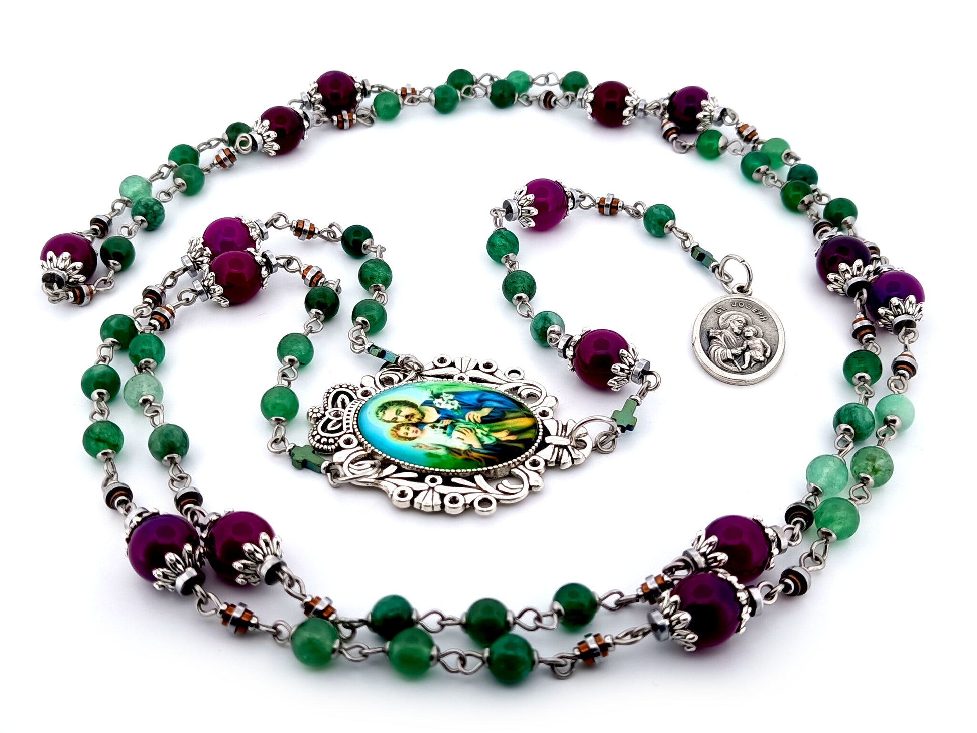 Saint Joseph unique rosary beads  purple and green agate gemstone prayer chaplet with Holy Family picture medal.