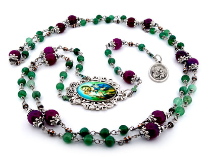 Saint Joseph unique rosary beads  purple and green agate gemstone prayer chaplet with Holy Family picture medal.