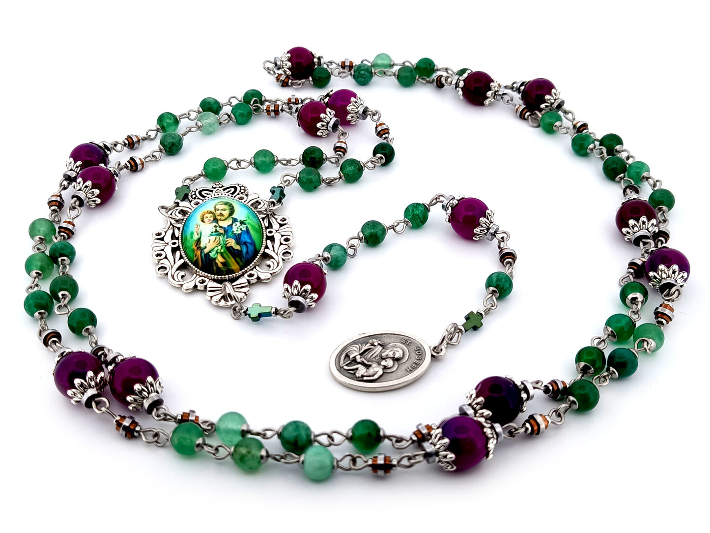 Saint Joseph unique rosary beads  purple and green agate gemstone prayer chaplet with Holy Family picture medal.