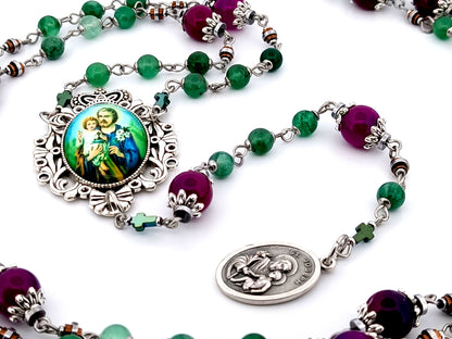 Saint Joseph unique rosary beads  purple and green agate gemstone prayer chaplet with Holy Family picture medal.