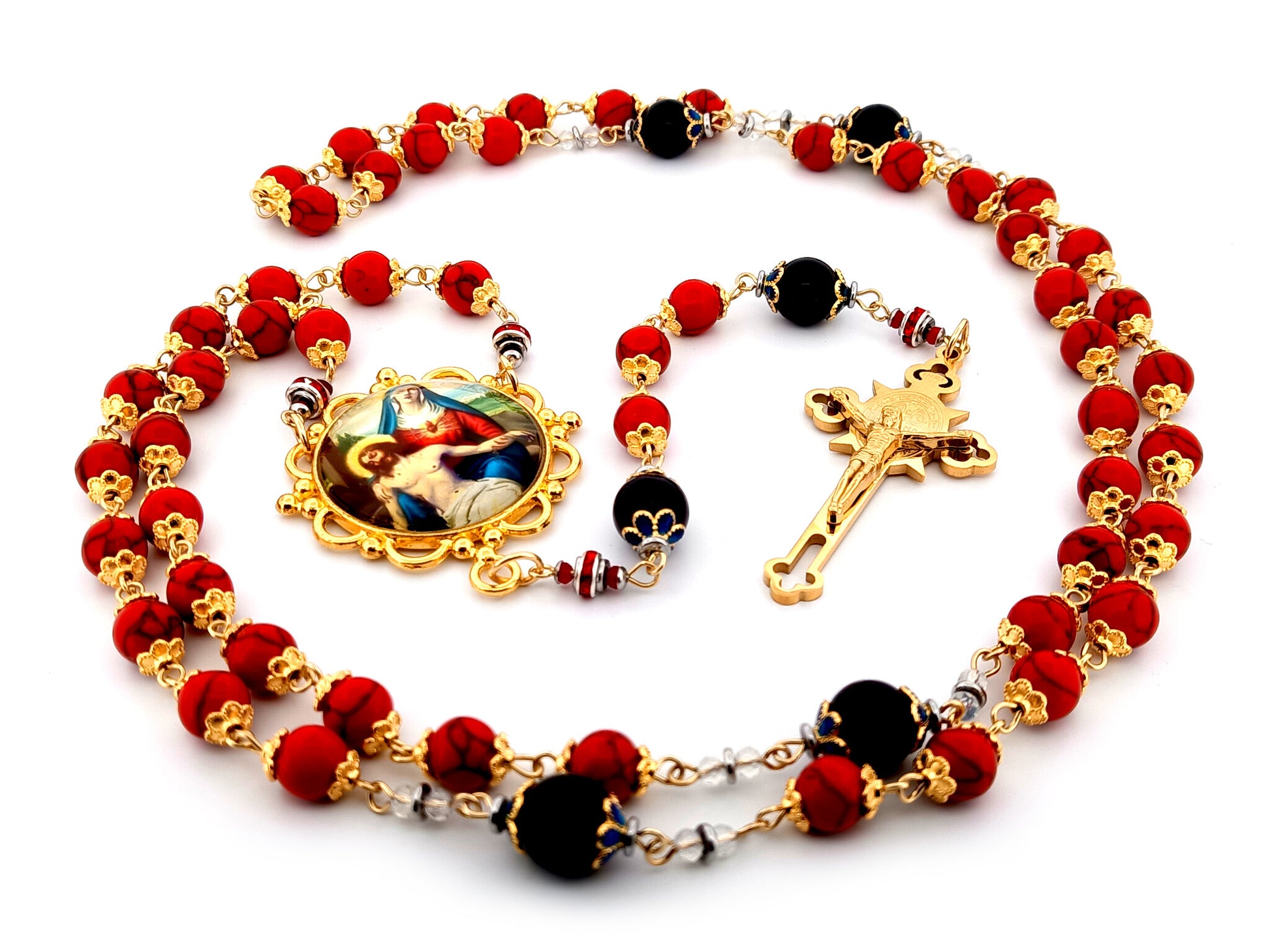 Our Lady of Sorrows unique rosary beads howlite and onyx gemstone rosary with gold plated Saint Benedict crucifix.