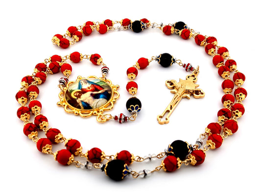 Our Lady of Sorrows unique rosary beads howlite and onyx gemstone rosary with gold plated Saint Benedict crucifix.