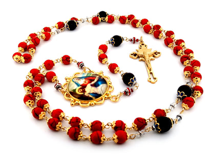 Our Lady of Sorrows unique rosary beads howlite and onyx gemstone rosary with gold plated Saint Benedict crucifix.