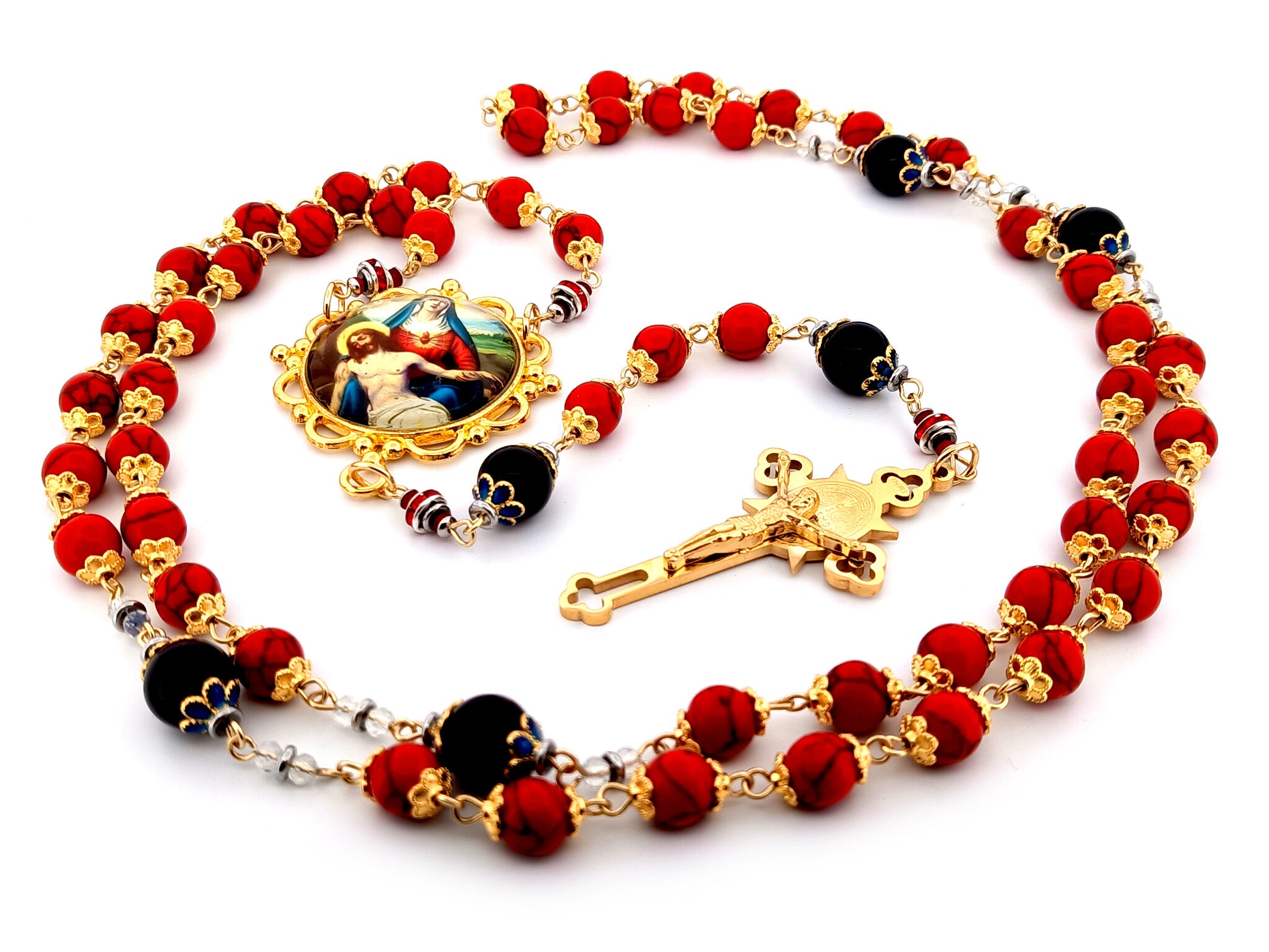 Our Lady of Sorrows unique rosary beads howlite and onyx gemstone rosary with gold plated Saint Benedict crucifix.