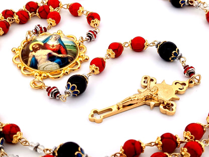 Our Lady of Sorrows unique rosary beads howlite and onyx gemstone rosary with gold plated Saint Benedict crucifix.