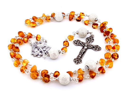 Saint Michael unique rosary beads amber gemstone and 925 sterling silver rosary with 925 sterling silver lily crucifix.
