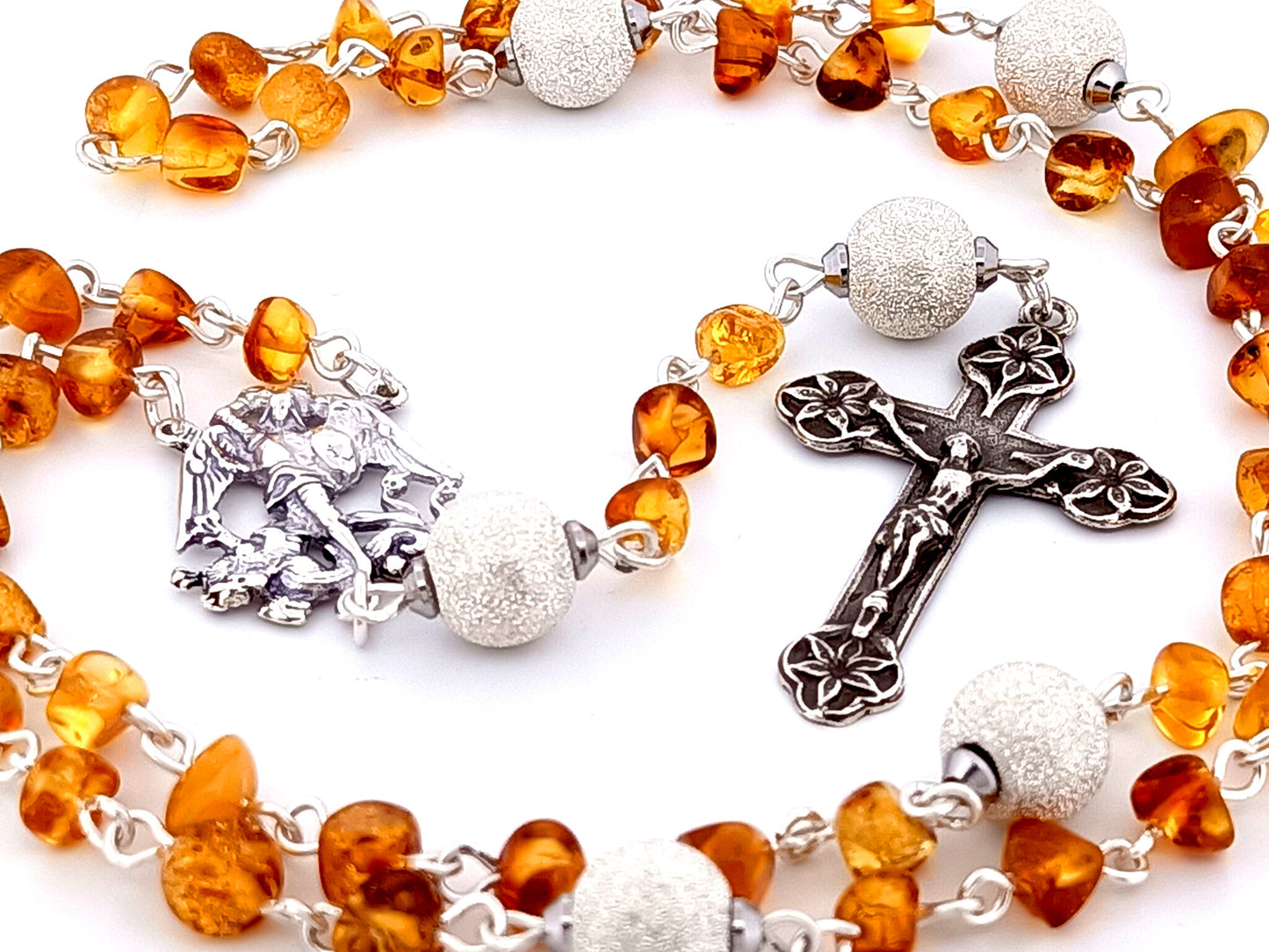 Saint Michael unique rosary beads amber gemstone and 925 sterling silver rosary with 925 sterling silver lily crucifix.