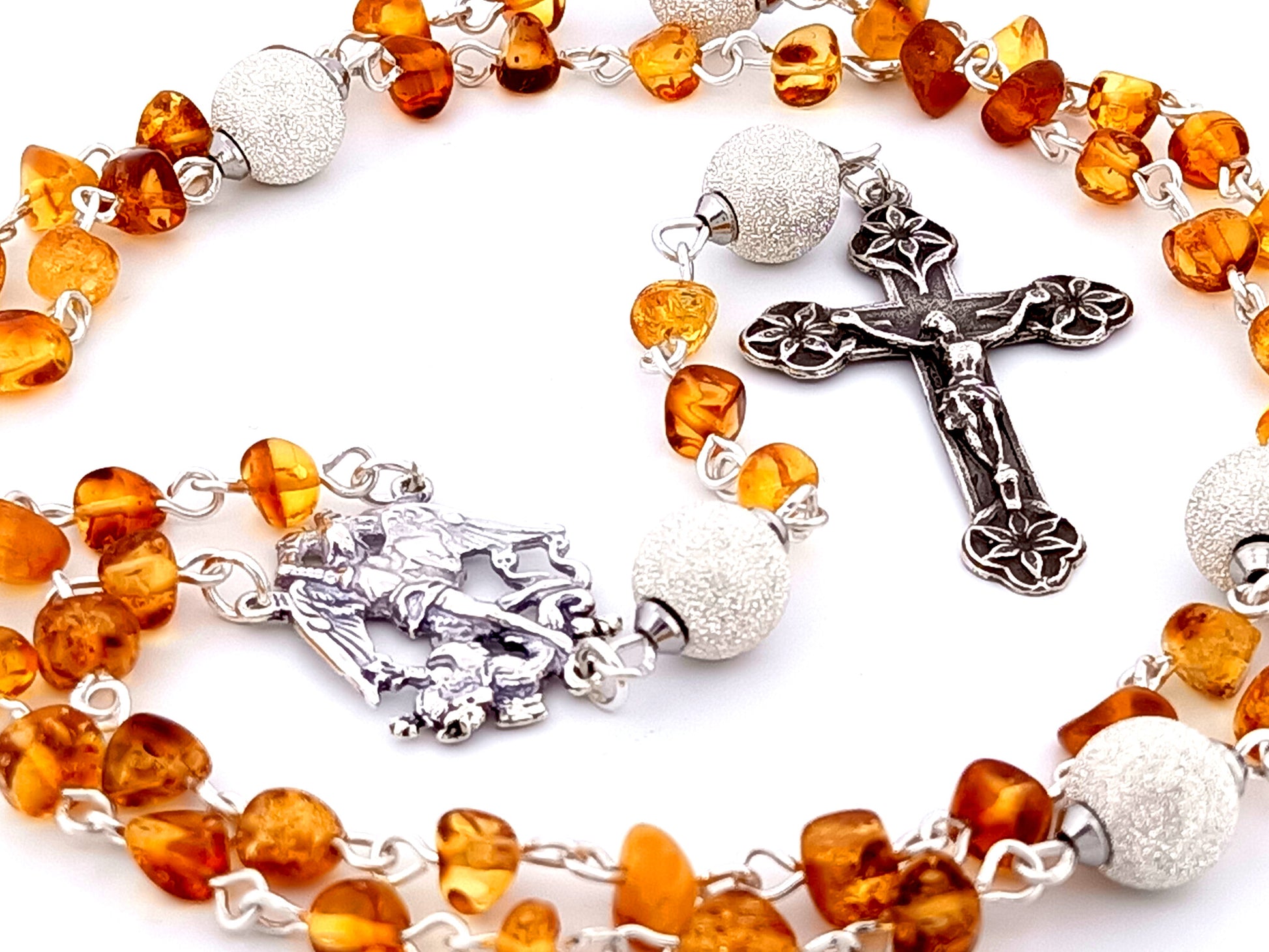 Saint Michael unique rosary beads amber gemstone and 925 sterling silver rosary with 925 sterling silver lily crucifix.