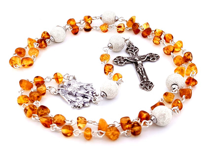 Saint Michael unique rosary beads amber gemstone and 925 sterling silver rosary with 925 sterling silver lily crucifix.