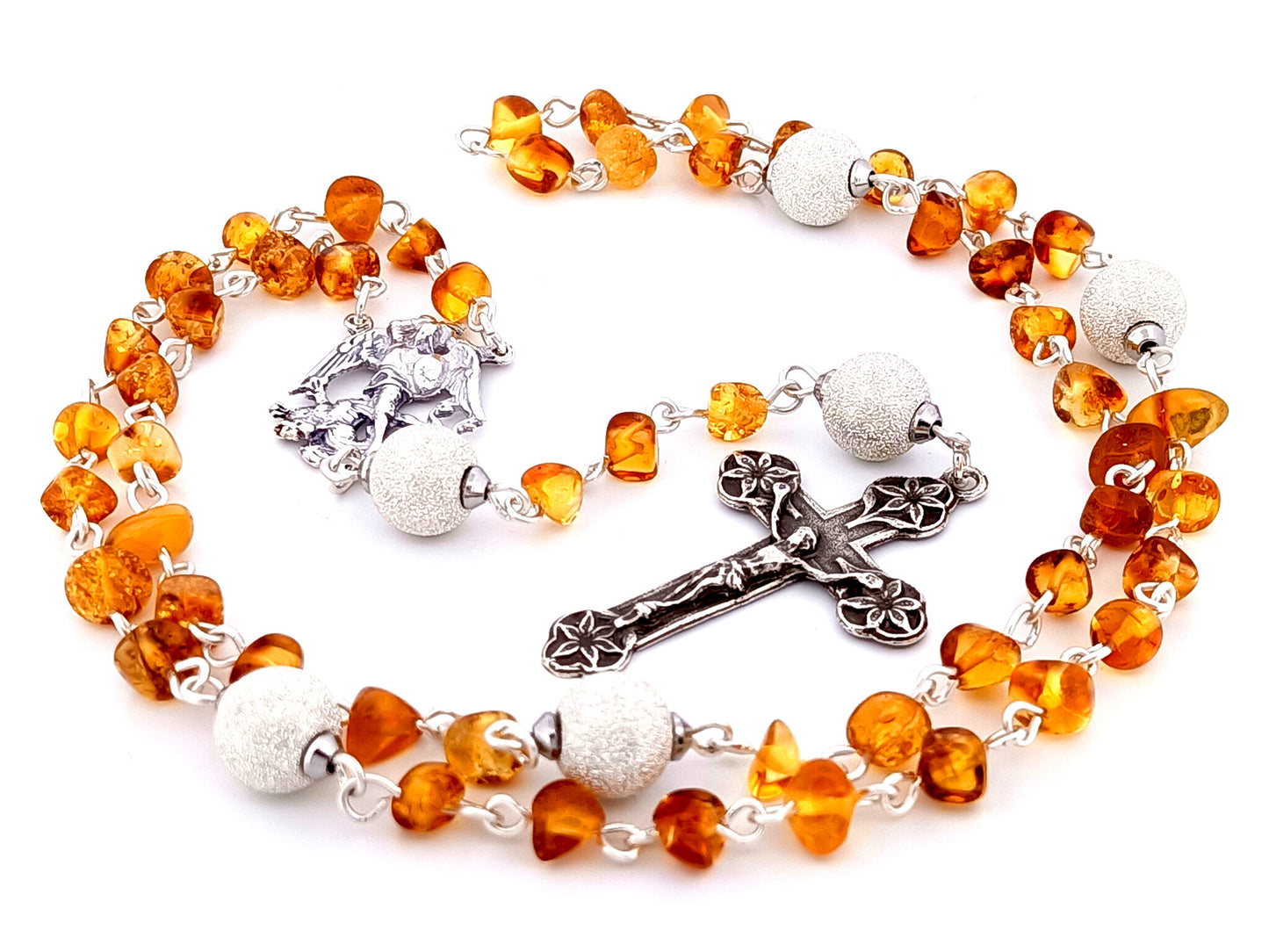 Saint Michael unique rosary beads amber gemstone and 925 sterling silver rosary with 925 sterling silver lily crucifix.