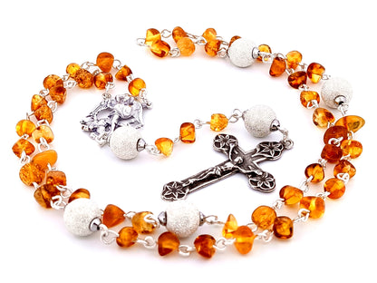 Saint Michael unique rosary beads amber gemstone and 925 sterling silver rosary with 925 sterling silver lily crucifix.