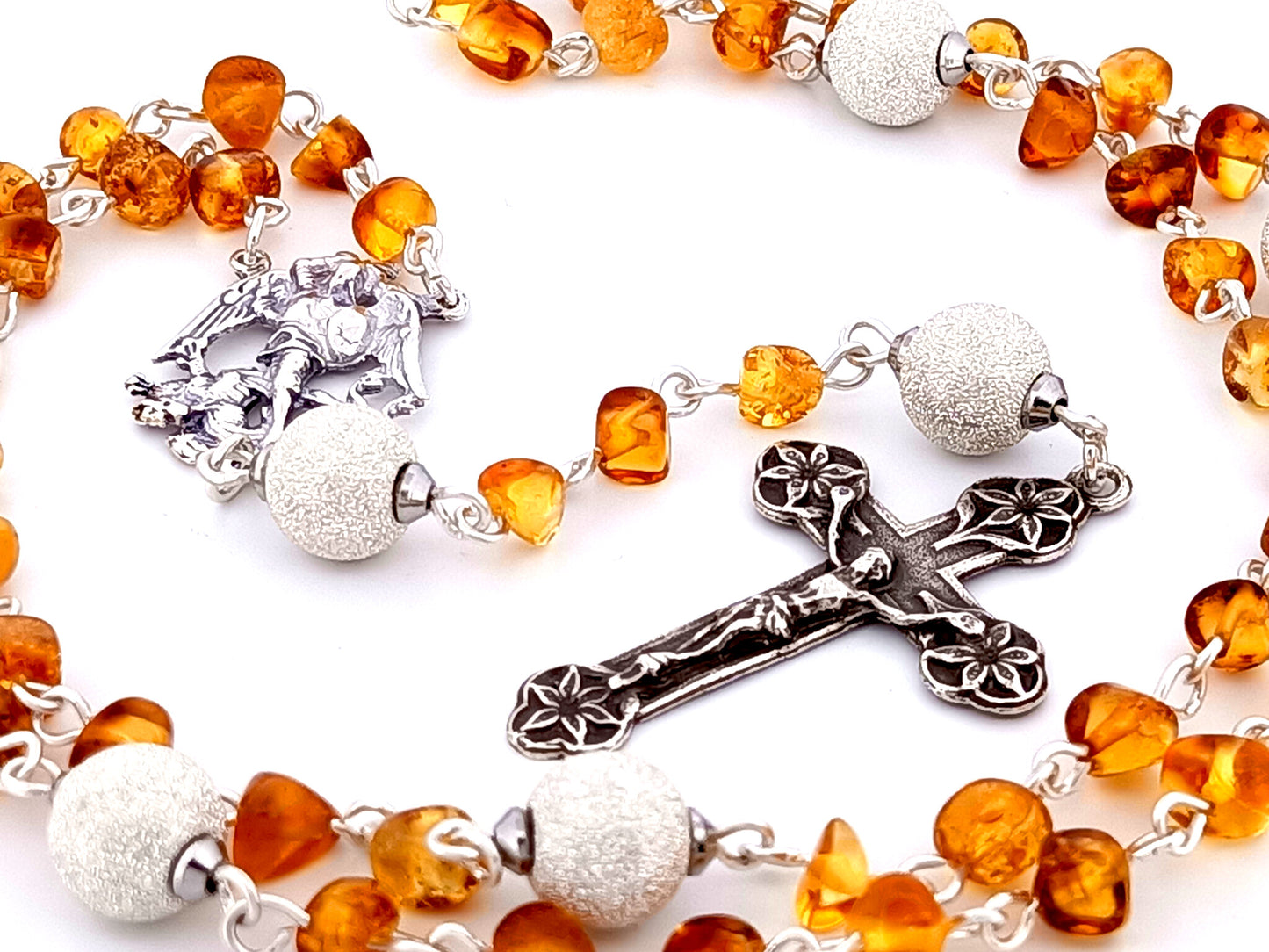 Saint Michael unique rosary beads amber gemstone and 925 sterling silver rosary with 925 sterling silver lily crucifix.