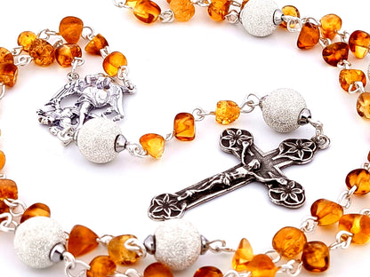 Saint Michael unique rosary beads amber gemstone and 925 sterling silver rosary with 925 sterling silver lily crucifix.