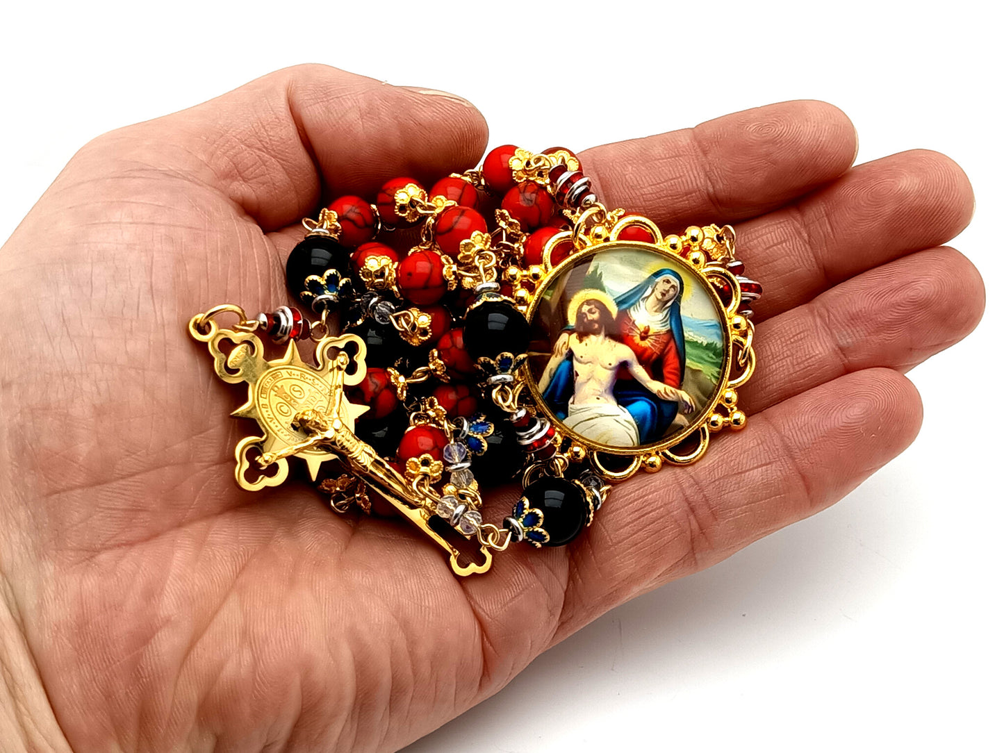 Our Lady of Sorrows unique rosary beads howlite and onyx gemstone rosary with gold plated Saint Benedict crucifix.