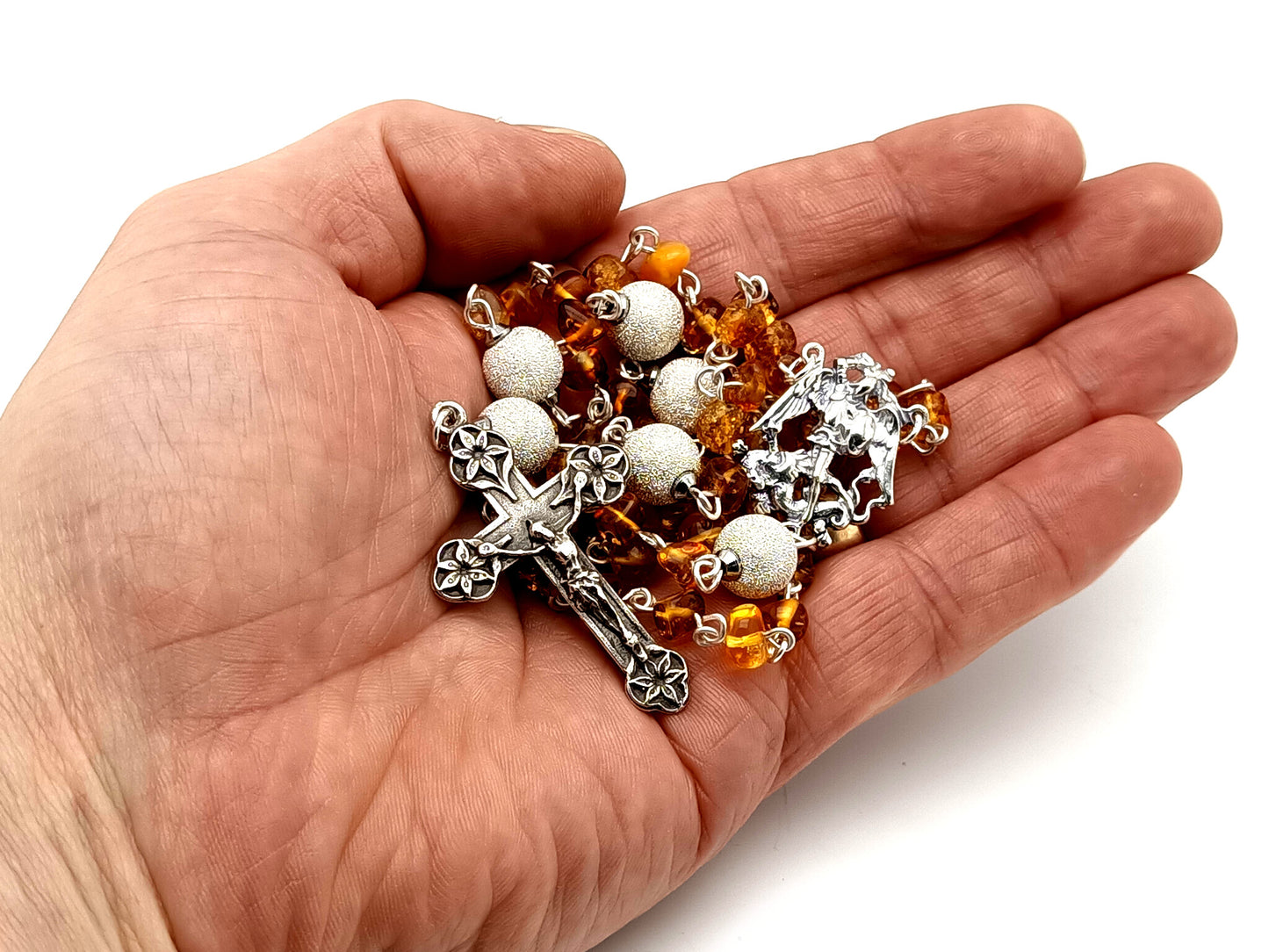 Saint Michael unique rosary beads amber gemstone and 925 sterling silver rosary with 925 sterling silver lily crucifix.