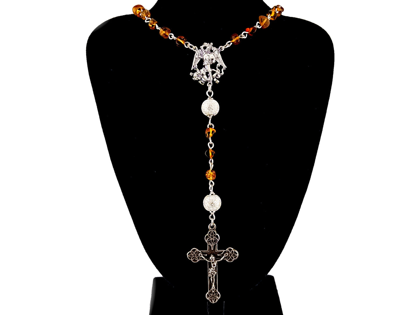 Saint Michael unique rosary beads amber gemstone and 925 sterling silver rosary with 925 sterling silver lily crucifix.