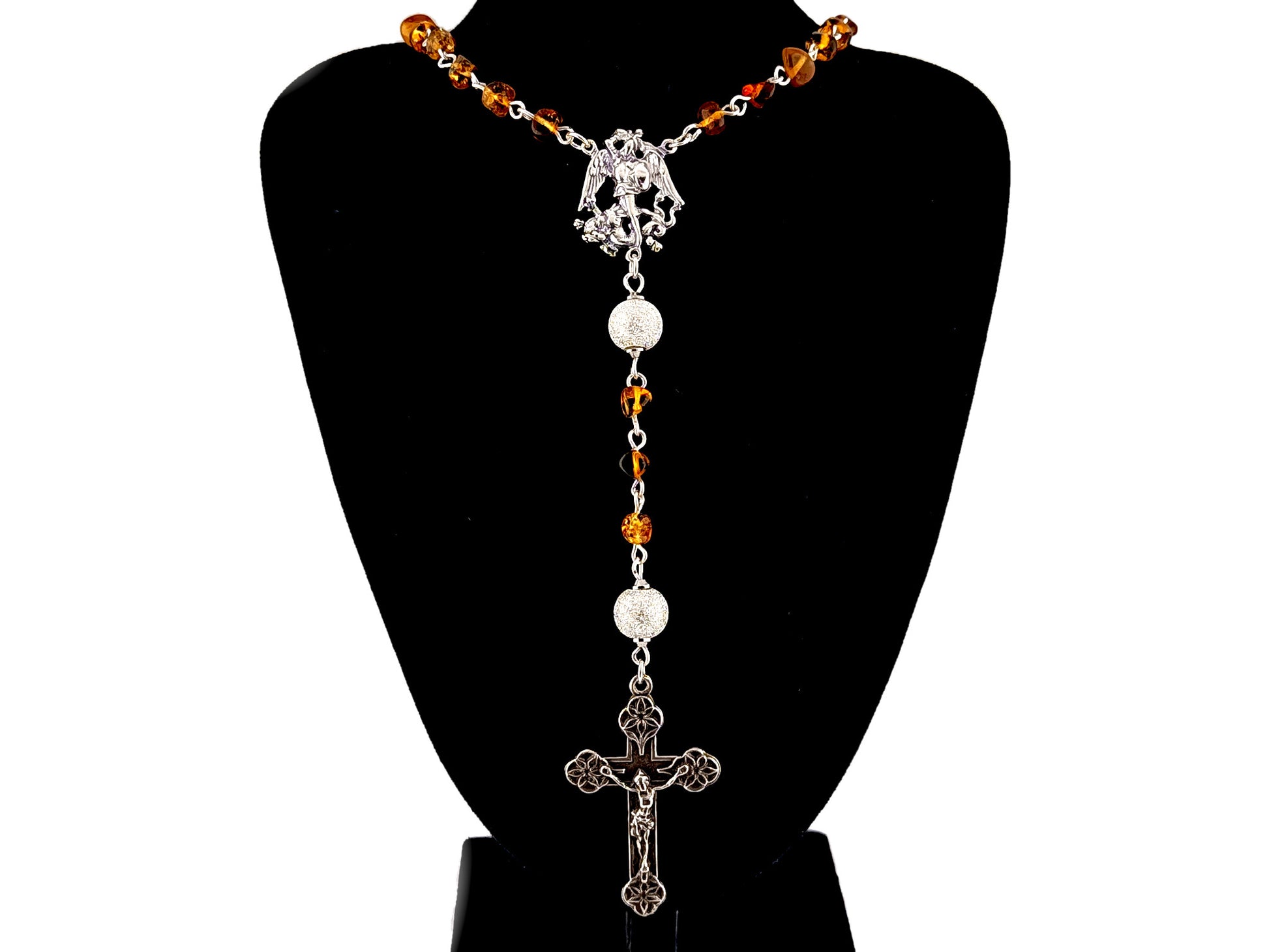 Saint Michael unique rosary beads amber gemstone and 925 sterling silver rosary with 925 sterling silver lily crucifix.