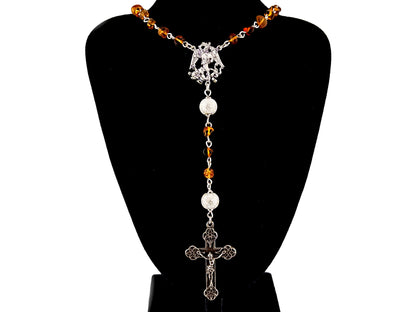 Saint Michael unique rosary beads amber gemstone and 925 sterling silver rosary with 925 sterling silver lily crucifix.