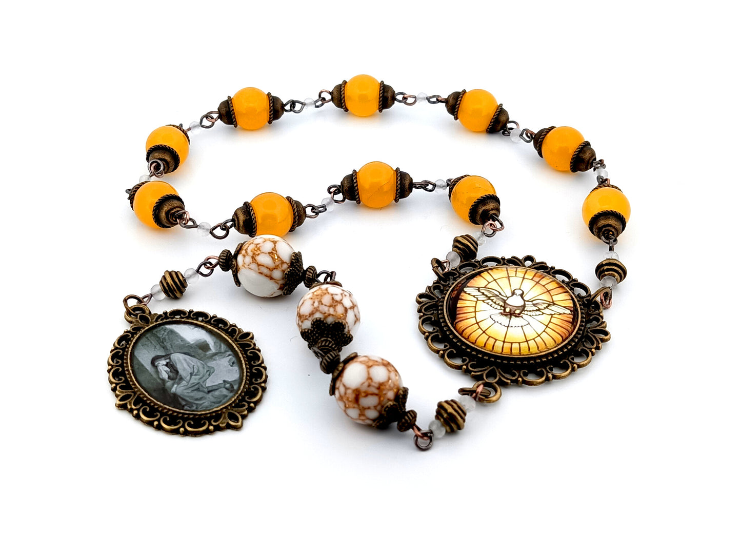 Saint Mary Magdalene unique rosary beads howlite gemstone and glass prayer chaplet with Holy Spirit centre medal.