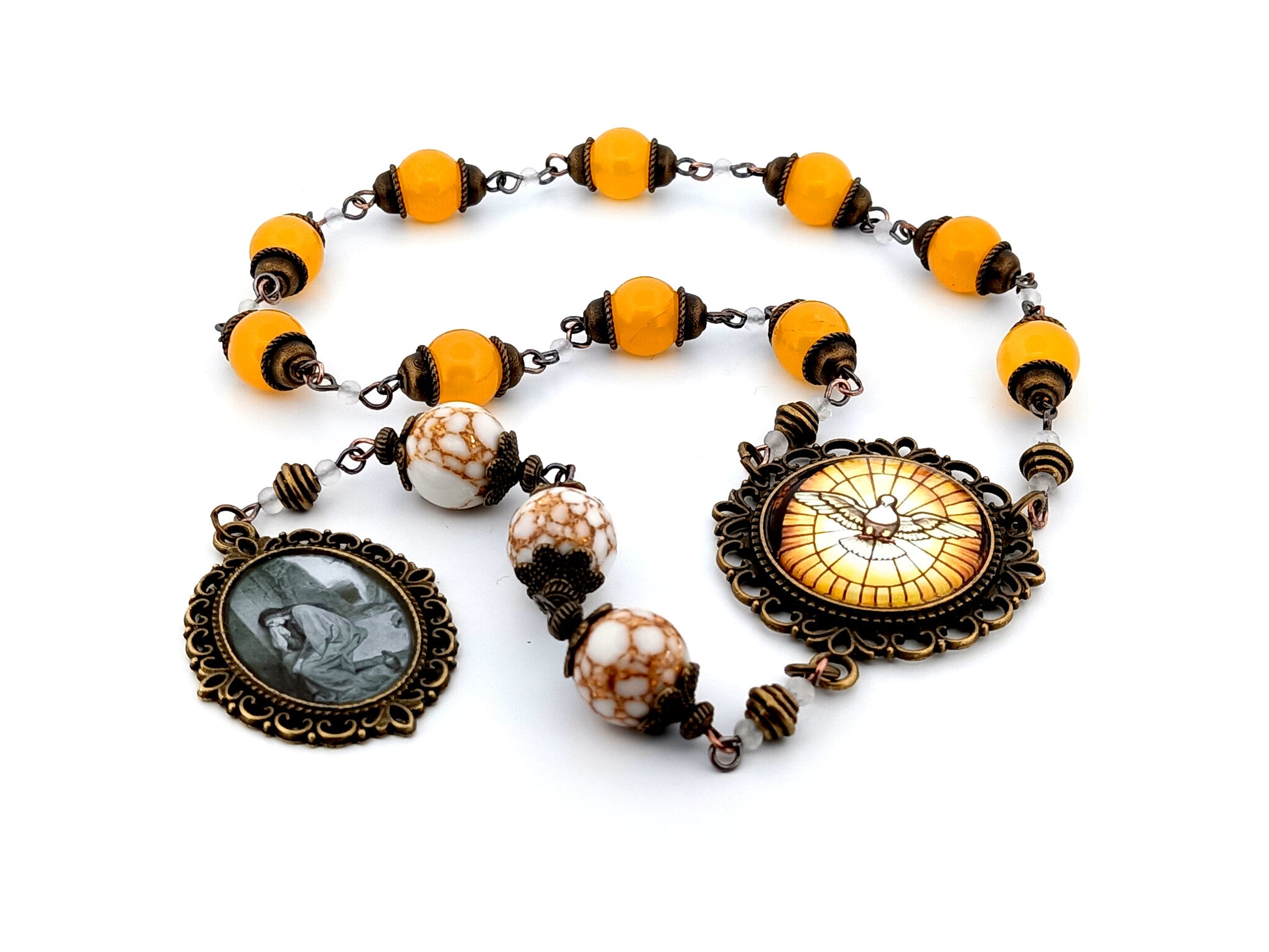 Saint Mary Magdalene unique rosary beads howlite gemstone and glass prayer chaplet with Holy Spirit centre medal.