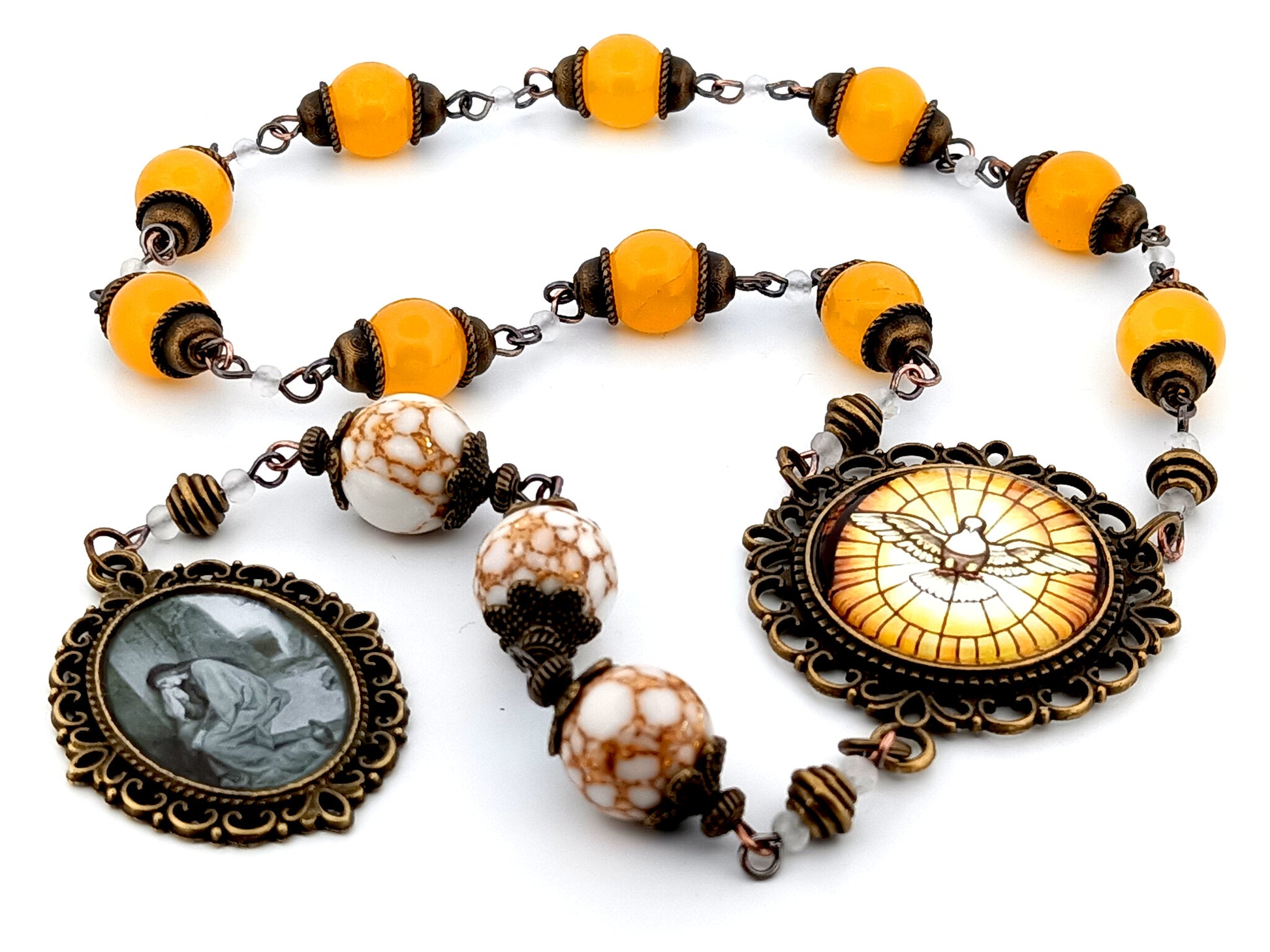 Saint Mary Magdalene unique rosary beads howlite gemstone and glass prayer chaplet with Holy Spirit centre medal.