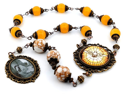 Saint Mary Magdalene unique rosary beads howlite gemstone and glass prayer chaplet with Holy Spirit centre medal.