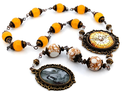 Saint Mary Magdalene unique rosary beads howlite gemstone and glass prayer chaplet with Holy Spirit centre medal.