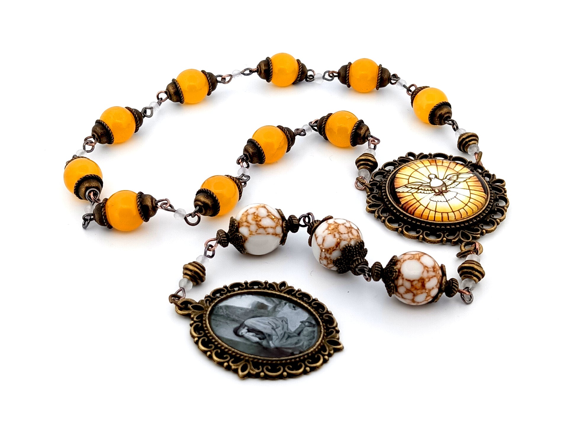 Saint Mary Magdalene unique rosary beads howlite gemstone and glass prayer chaplet with Holy Spirit centre medal.