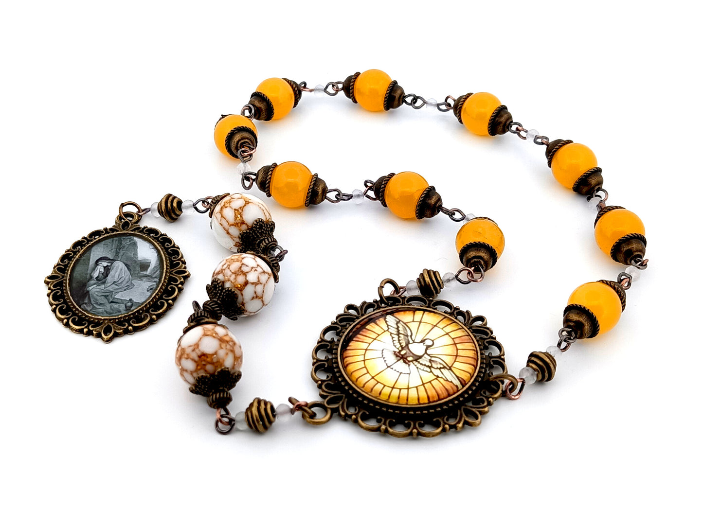 Saint Mary Magdalene unique rosary beads howlite gemstone and glass prayer chaplet with Holy Spirit centre medal.