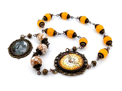 Saint Mary Magdalene unique rosary beads howlite gemstone and glass prayer chaplet with Holy Spirit centre medal.