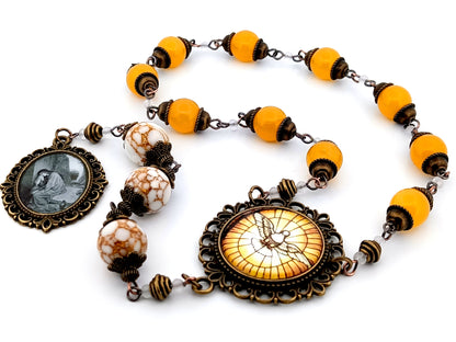 Saint Mary Magdalene unique rosary beads howlite gemstone and glass prayer chaplet with Holy Spirit centre medal.