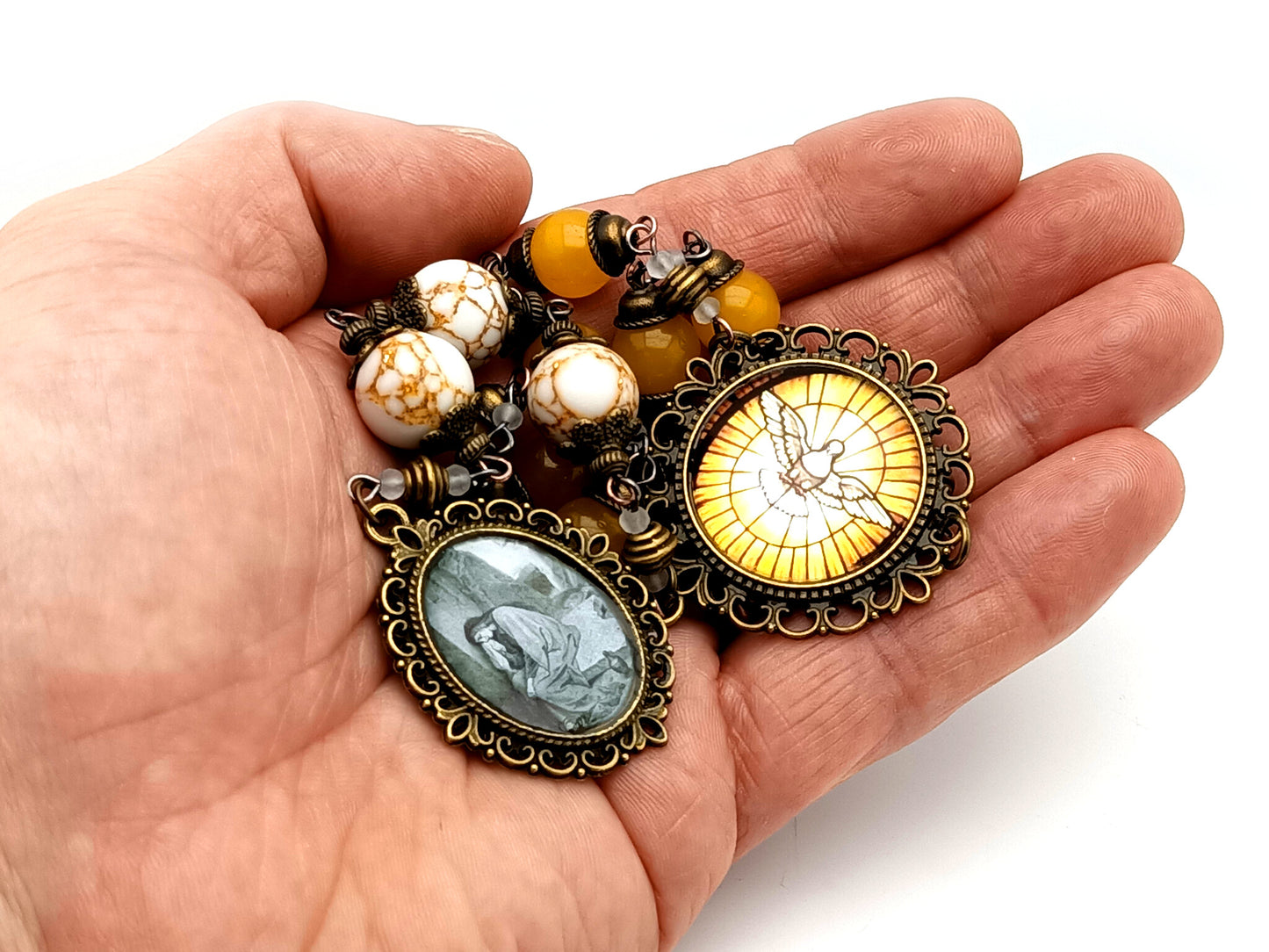 Saint Mary Magdalene unique rosary beads howlite gemstone and glass prayer chaplet with Holy Spirit centre medal.