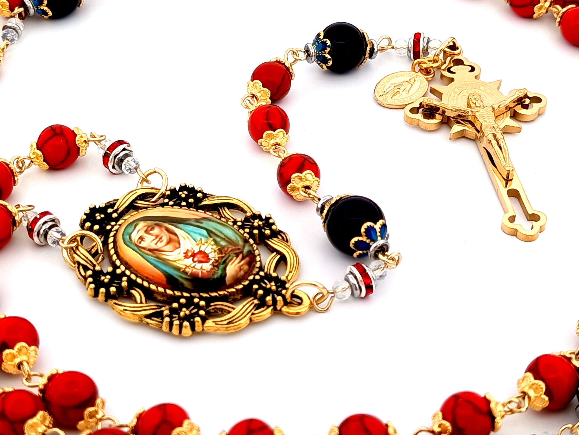 Our Lady of Sorrows unique rosary beads howlite and onyx gemstone rosary beads with gold plated Saint Benedict crucifix.
