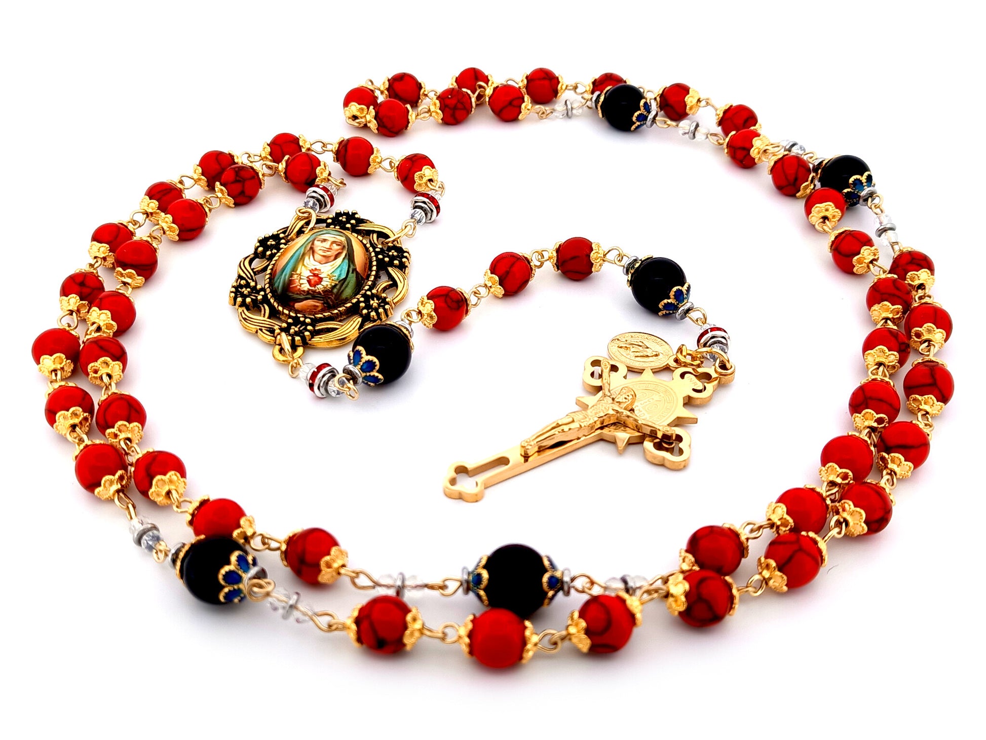 Our Lady of Sorrows unique rosary beads howlite and onyx gemstone rosary beads with gold plated Saint Benedict crucifix.