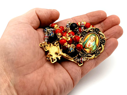 Our Lady of Sorrows unique rosary beads howlite and onyx gemstone rosary beads with gold plated Saint Benedict crucifix.