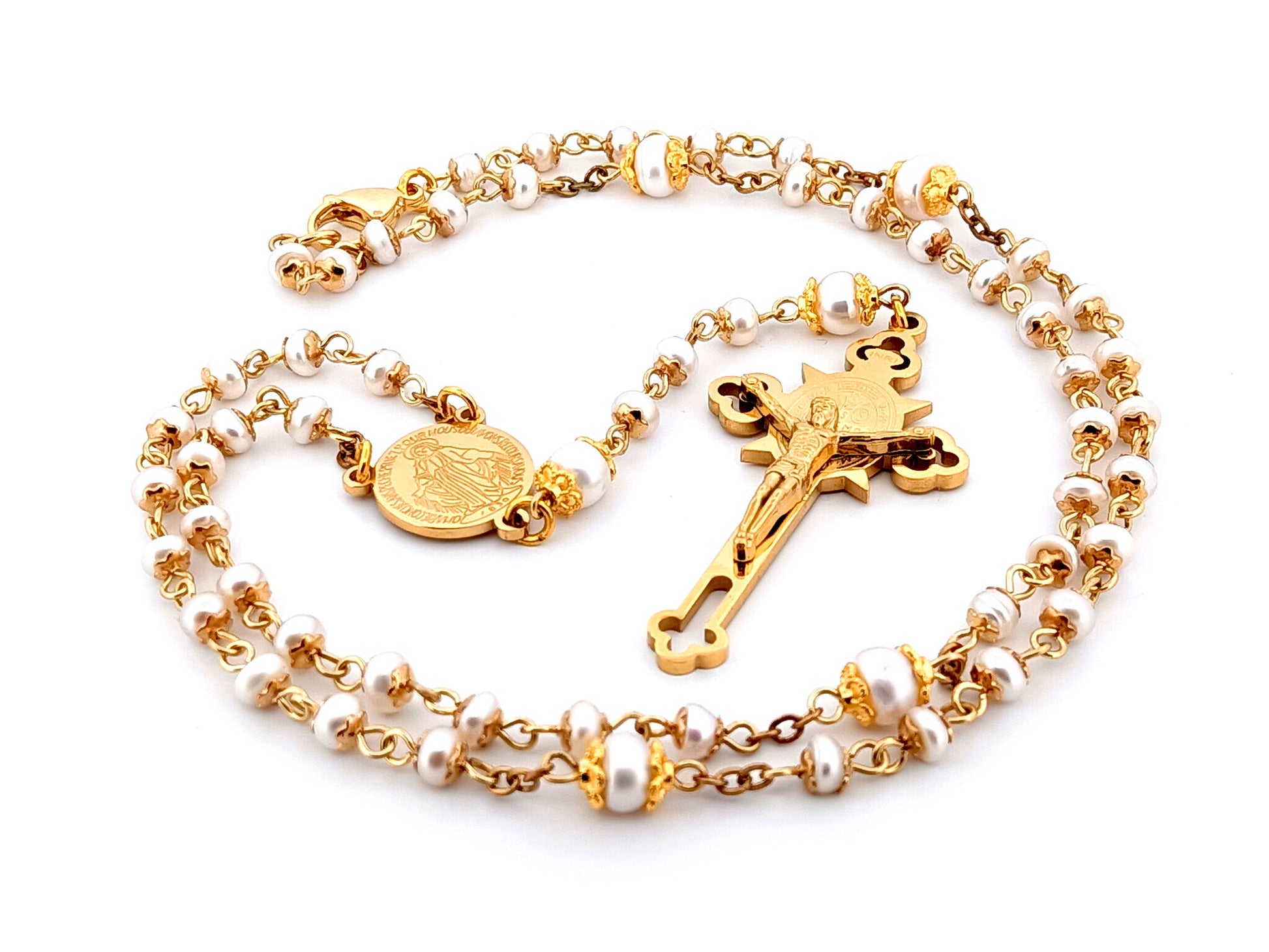 Miraculous medal unique rosary beads freshwater pearl rosary with stainless steel gold plated Saint Benedict crucifix.