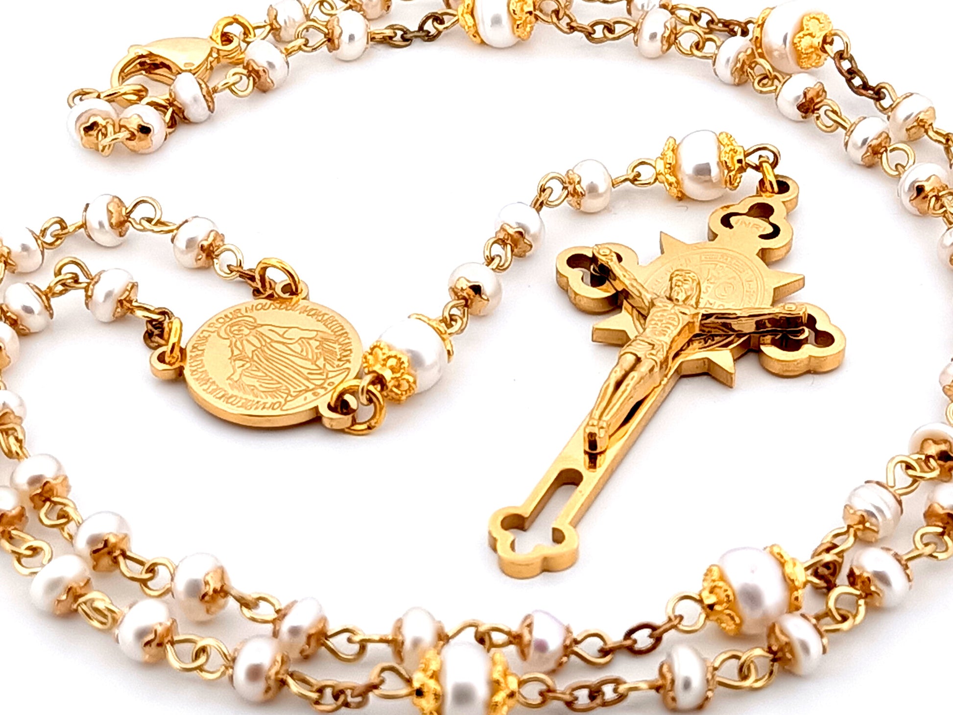 Miraculous medal unique rosary beads freshwater pearl rosary with stainless steel gold plated Saint Benedict crucifix.
