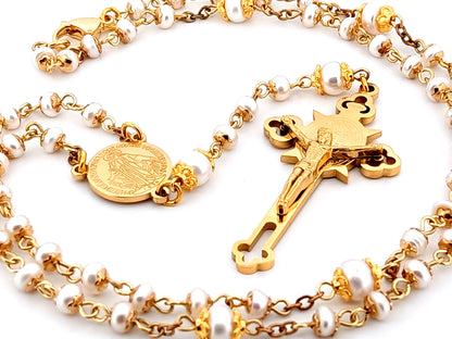 Miraculous medal unique rosary beads freshwater pearl rosary with stainless steel gold plated Saint Benedict crucifix.